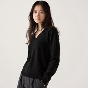 Uniqlo Cashmere V Neck Women Jumper Black US | ZXAH-56293