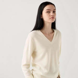 Uniqlo Cashmere V Neck Women Jumper Off White US | QITL-72851