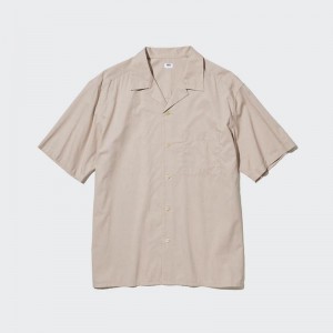 Uniqlo Casual (Short Sleeve, Open Collar) Men Shirts Beige US | QEPS-12089