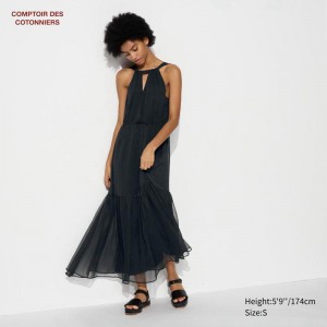 Uniqlo Chiffon Long Women Dress Black US | NMTY-15824