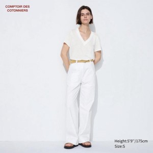 Uniqlo Cotton Blend Straight Women Trousers White US | PIAY-96874