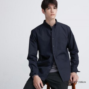 Uniqlo Cotton Broadcloth (Button-Down Collar) Men Shirts Navy US | YRGW-91745