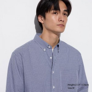 Uniqlo Cotton Broadcloth (Check, Button-Down Collar) Men Shirts Blue US | GOYF-61834