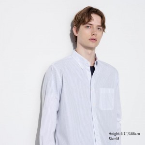 Uniqlo Cotton Broadcloth (Stripe, Button-Down Collar) Men Shirts Blue US | KVCW-53012