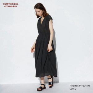 Uniqlo Cotton Crinkle Sheer Long (Short Sleeve) Women Dress Black US | FDXE-26149