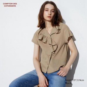 Uniqlo Cotton Crinkle Sheer Short Sleeved Women Short Sleeve Shirts Khaki US | DSZM-01295