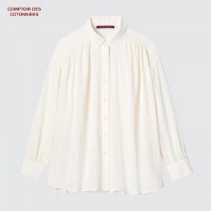 Uniqlo Cotton Crinkle Sheer Women Long Sleeved Shirt Natural US | AFXR-67031