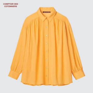 Uniqlo Cotton Crinkle Sheer Women Long Sleeved Shirt Yellow US | JSMF-49218