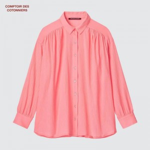 Uniqlo Cotton Crinkle Sheer Women Long Sleeved Shirt Pink US | IFKE-37289