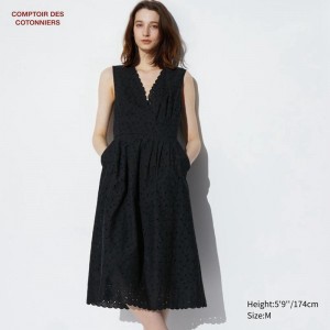 Uniqlo Cotton Embroidered Women Dress Black US | UIQS-73021