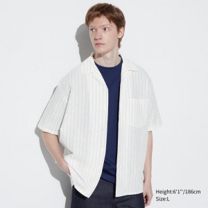 Uniqlo Cotton Linen Blend (Stripe, Short Sleeve, Open Collar) Men Shirts Off White US | RPLF-43728