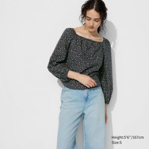 Uniqlo Cotton Square Neck (Print) Women Blouse Navy US | MVYR-81795