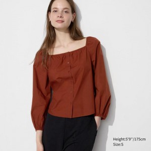 Uniqlo Cotton Square Neck Women Blouse Brown US | VXWR-26713