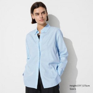 Uniqlo Cotton Women Shirts Light Blue US | QEOH-04621