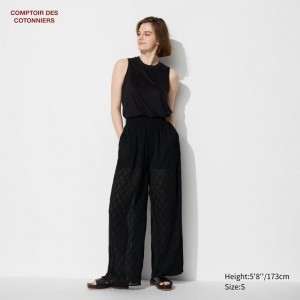 Uniqlo Crepe Wide Women Trousers Black US | PNGW-53829