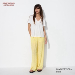 Uniqlo Crepe Wide Women Trousers Cream US | ZQOK-95047