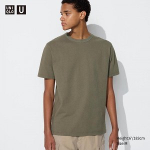 Uniqlo Crew Neck Men T-Shirt Olive US | DOJK-89305