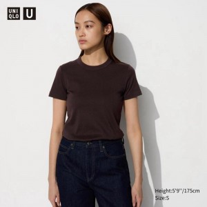 Uniqlo Crew Neck Women T-Shirts Dark Brown US | RQJW-91802