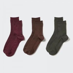 Uniqlo (Crew Ribbed, 3 Pairs) Women Socks Tights Wine US | AOQC-97361