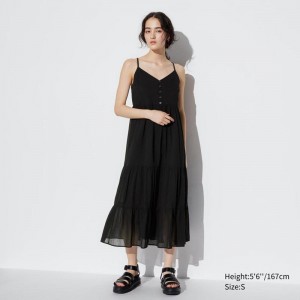 Uniqlo Crinkle Cotton Camisole Women Dress Black US | YWFJ-56938