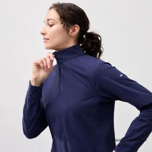 Uniqlo DRY-EX Half-Zip Women T-Shirts Blue US | YVKA-60728