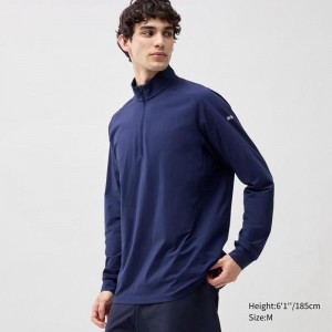 Uniqlo DRY-EX UV Protection Half-Zip (Long Sleeve) Men T-Shirt Blue US | LDMI-26513