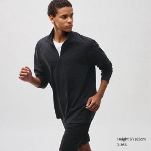 Uniqlo DRY-EX UV Protection Half-Zip (Long Sleeve) Men T-Shirt Black US | QGXM-15467