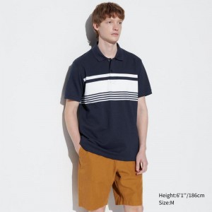 Uniqlo DRY Piqué (Stripe) Men T-Shirt Navy US | TGBR-94763