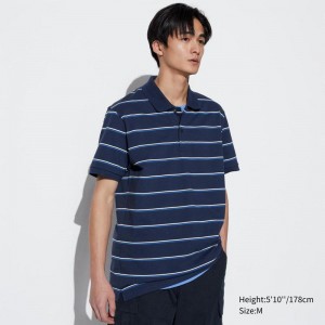 Uniqlo DRY Piqué (Stripe) Men T-Shirt Navy US | YPEI-02697