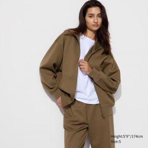 Uniqlo DRY Sweat Oversized Full-Zip Women Hoodies Olive US | QJCG-76459