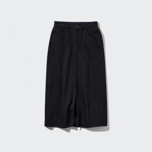 Uniqlo Denim Long Women Skirts Dark Grey US | HTUP-60817