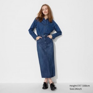 Uniqlo Denim Panel Long Women Skirts Blue US | UILY-45037