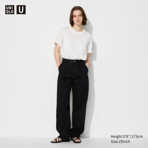 Uniqlo Denim Pleated (Long) Women Trousers Black US | TKLR-25478