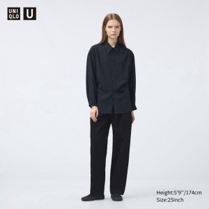 Uniqlo Denim Pleated (Short) Women Trousers Black US | WEGN-84576