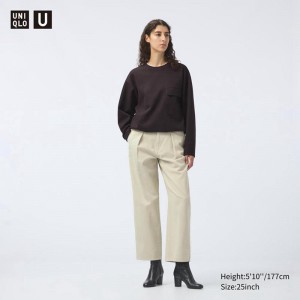 Uniqlo Denim Pleated (Short) Women Trousers Beige US | GNTO-56194