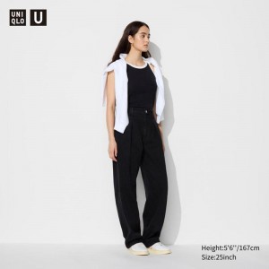 Uniqlo Denim Pleated Women Trousers Black US | HCNJ-45208