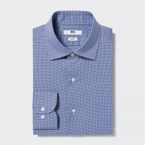 Uniqlo Easy Care Stretch Slim Fit (Stripe, Regular Collar) Men Shirts Blue US | DEUR-15238