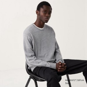 Uniqlo Extra fine merino crew neck L/S Men Sweater Grey US | WXMZ-06915