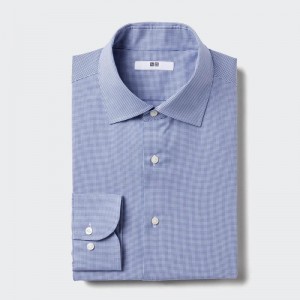 Uniqlo Fine Cloth Easy Care Regular Fit (Semi-Cutaway Collar, Check) Men Shirts Blue US | AGMI-01259