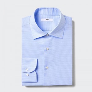 Uniqlo Fine Cloth Easy Care Regular Fit (Semi-Cutaway Collar, Check) Men Shirts Blue US | GWAS-30672