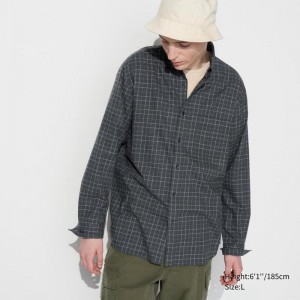 Uniqlo Flannel (Button-Down Collar, Check) Men Shirts Dark Grey US | GLTJ-54830