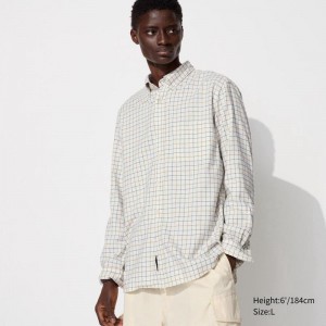 Uniqlo Flannel (Button-Down Collar, Check) Men Shirts Off White US | XOTZ-28630