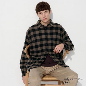 Uniqlo Flannel (Regular Collar, Check) Men Shirts Dark Brown US | IECT-90514