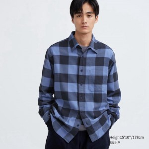 Uniqlo Flannel Regular Fit (Check, Regular Collar) Men Shirts Blue US | YIBA-48325