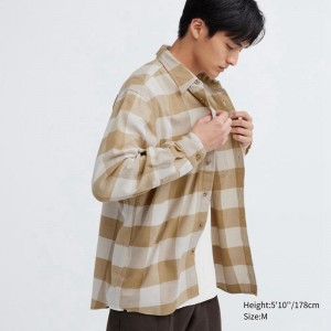 Uniqlo Flannel Regular Fit (Check, Regular Collar) Men Shirts Beige US | QRFW-04915