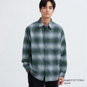 Uniqlo Flannel Regular Fit (Check, Regular Collar) Men Shirts Green US | YRNX-47906