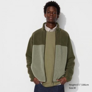 Uniqlo Fleece Full-Zip (Colour Block) Men Jackets Olive US | UYGQ-68314