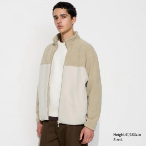 Uniqlo Fleece Full-Zip (Colour Block) Men Jackets Beige US | EMXU-80564