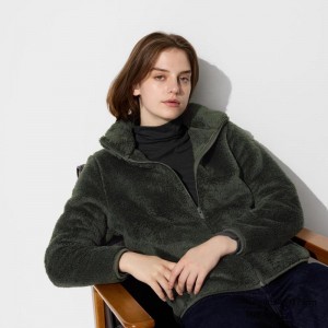 Uniqlo Fluffy Fleece Full-Zip Women Jackets Dark Green US | FHVM-39258