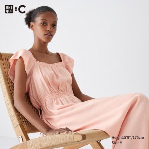 Uniqlo Gathered Open Back (Short Sleeve) Women Dress Pink US | EHWB-50362